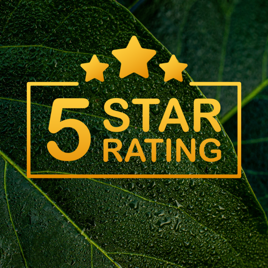 Rating Green leafy background with 5-star rating written in gold, symbolizing client satisfaction for therapeutic massage in Stevens Point, WI.
